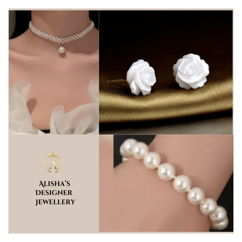 Deal of White Pearl Choker Necklace, Bracelet, Flower Rose Tops