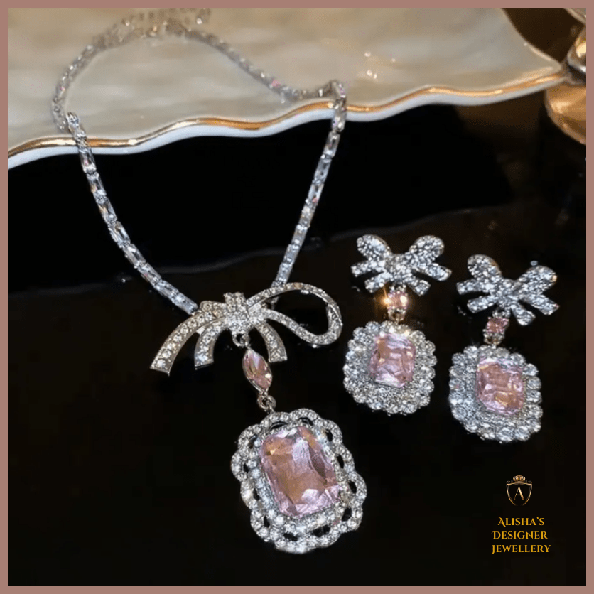 Sweet Pink Crystal Jewelry Set Square Bow Pendant