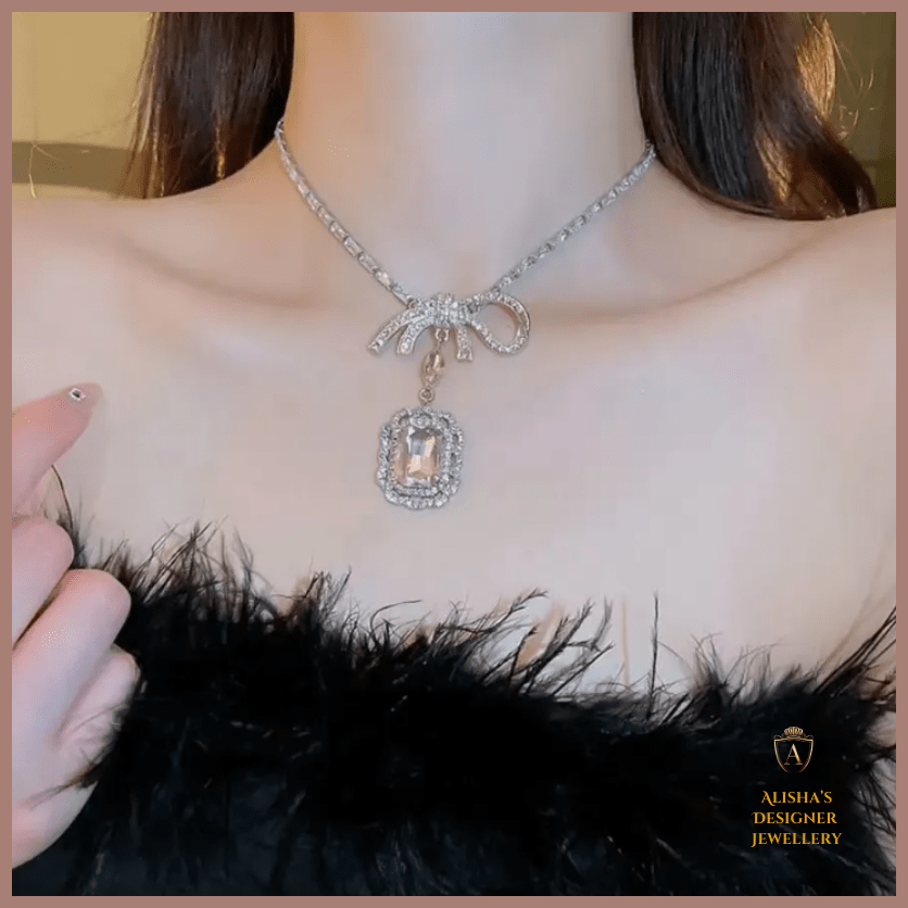 Sweet Pink Crystal Jewelry Set Square Bow Pendant