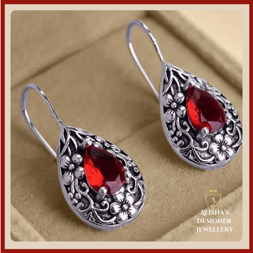 Bohemian-Style-Drop-Earrings-Zinc-Alloy-with-Red-Garnet