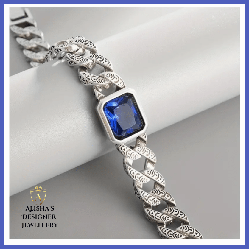 Fashionable Blue Zircon Cuban Chain Bracelet For Men