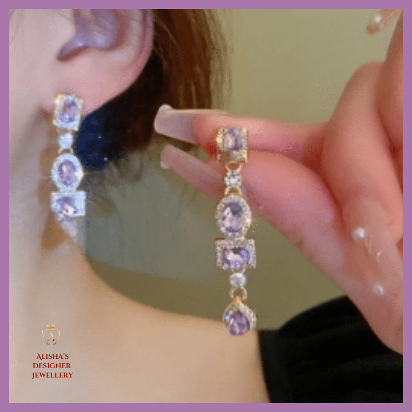 Silver needle inlaid diamond drop earrings