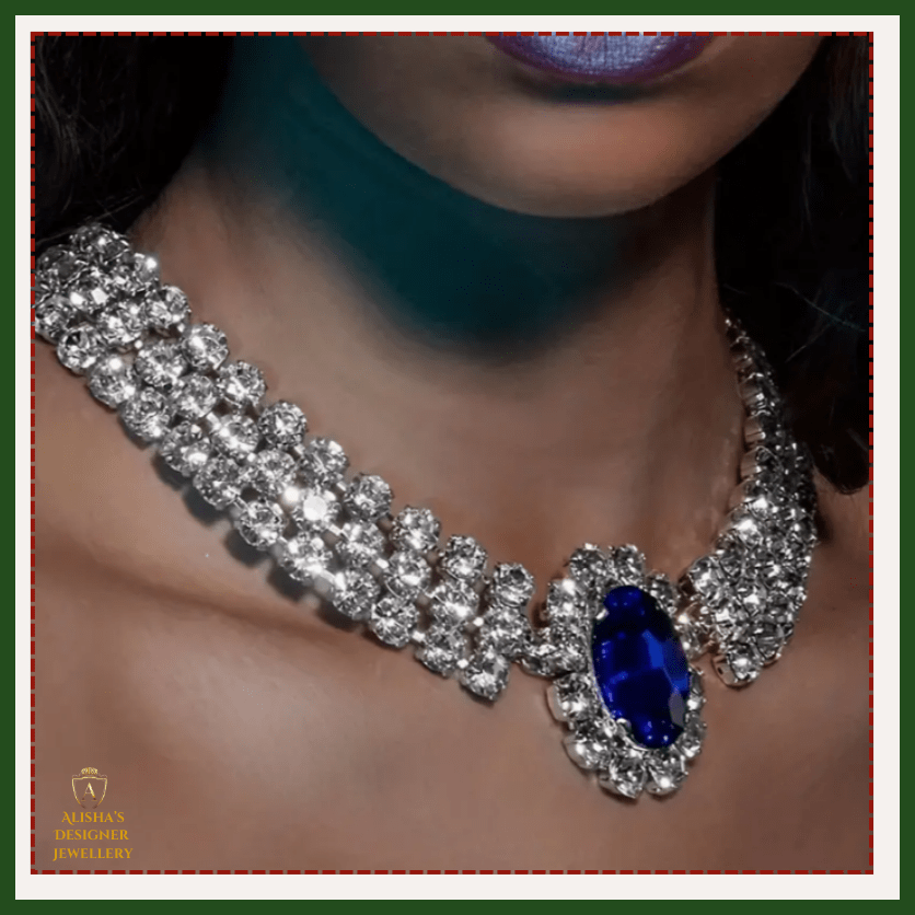 Shiny Blue Crystal Necklace Silver Plated Collar