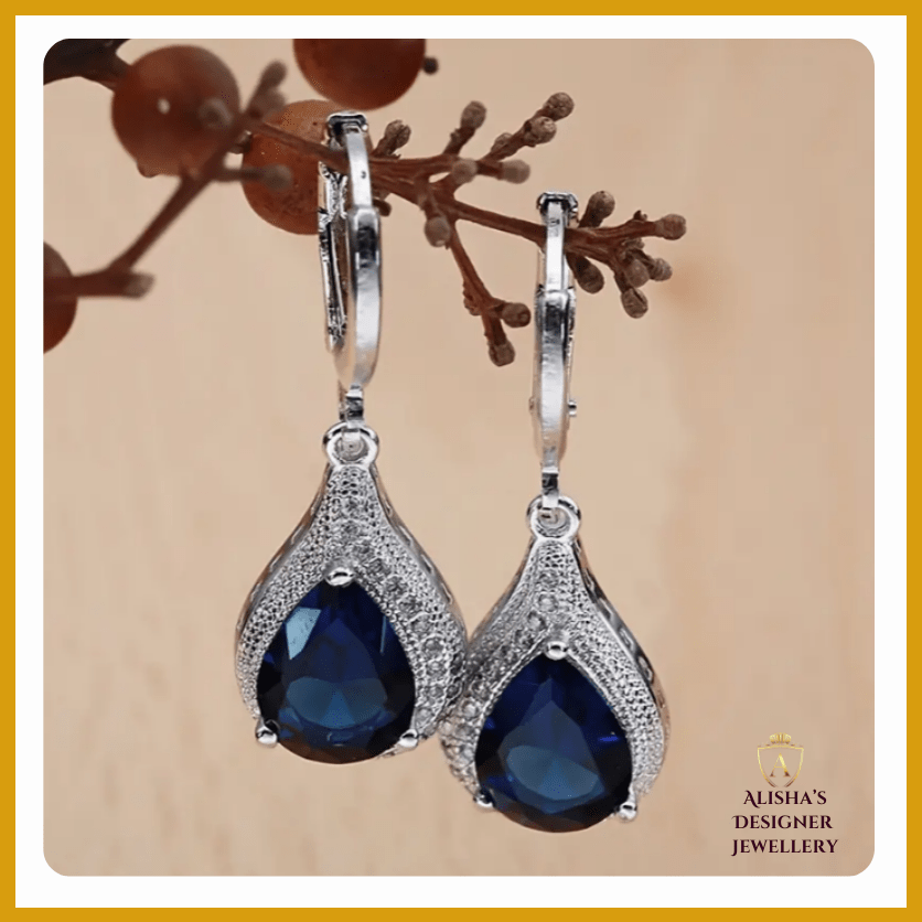 Blue Gemstone Elegance Silvery Teardrop Earrings